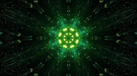 3D illustration of rays of green light as kaleidoscope background Stock Illustration