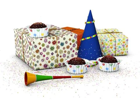 3d Illustration of realistic gift boxes with confetti and cakes Stock Illustration