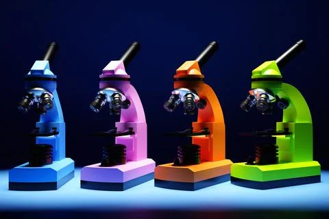 3d illustration of a realistic laboratory microscope in four colors on a blac Stock Illustration