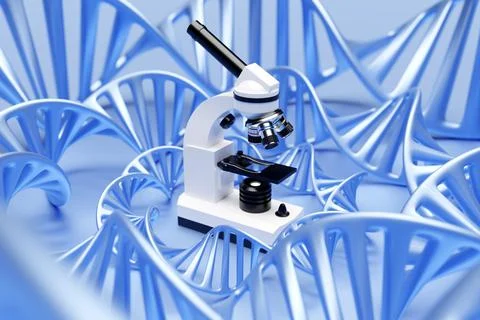 3d illustration realistic laboratory microscope with DNA molecules  no blue b Illustrazione stock