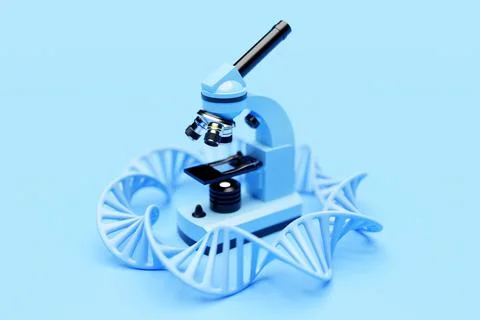 3d illustration realistic laboratory microscope with DNA molecules  no blue b 스톡 일러스트
