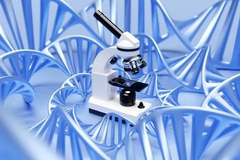 3d illustration realistic laboratory microscope with DNA molecules no blue ba 写真素材