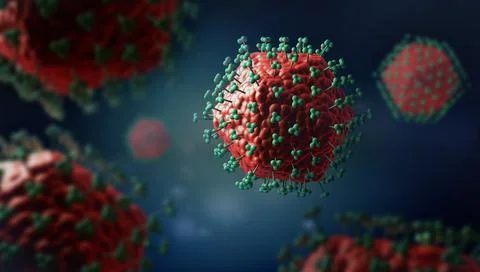 3D illustration of red colored virus cells with sensors or receptors Illustrazione stock