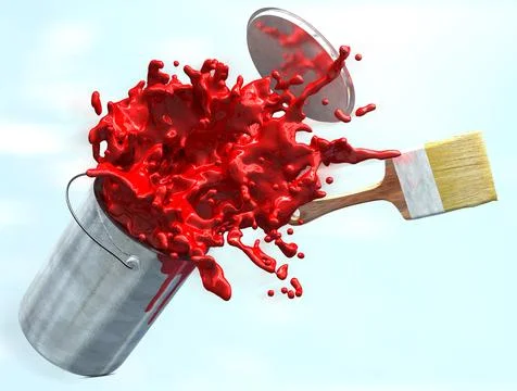 3d illustration of red paint busting from a paint buckets Stock-Illustration