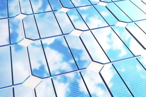 3D illustration reflection of the clouds on the photovoltaic cells. Blue solar Illustrazione stock