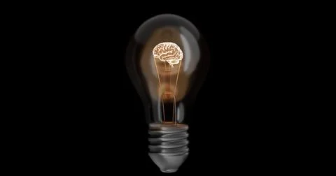 3D illustration render neon brain is burning in a light bulb thoughts ideas 스톡 일러스트