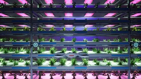 3d illustration render of vertical farm in modern background purple lights for p Illustrazione stock