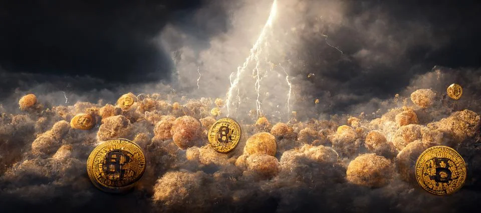 3d illustration rendering of bitcoin rain and bitcoin mining concept falling Stock Illustration