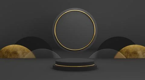 3d illustration rendering black platform ring with dark background for flyer Stock Illustration