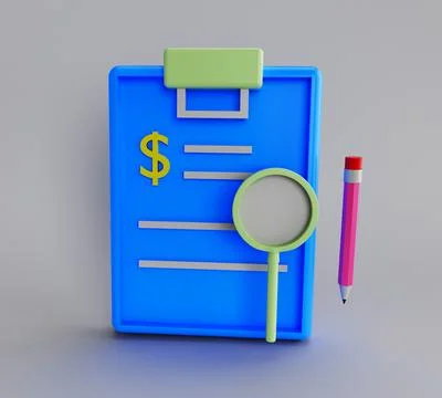3d illustration rendering minimal clipboard with magnifier and pencil on wh.. イラスト素材
