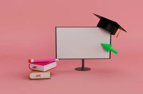 3d illustration rendering minimal computer monitor, online graduation cap w.. Stock Illustration