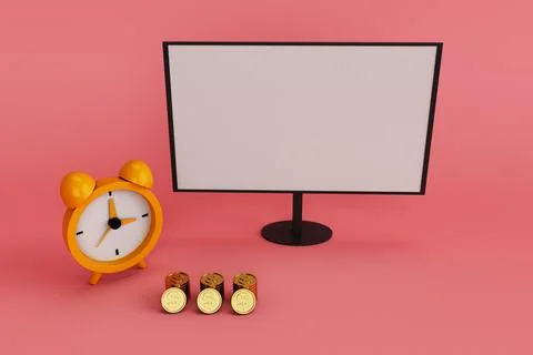 3d illustration rendering minimal computer monitor, alarm clock and coin on.. Illustrazione stock