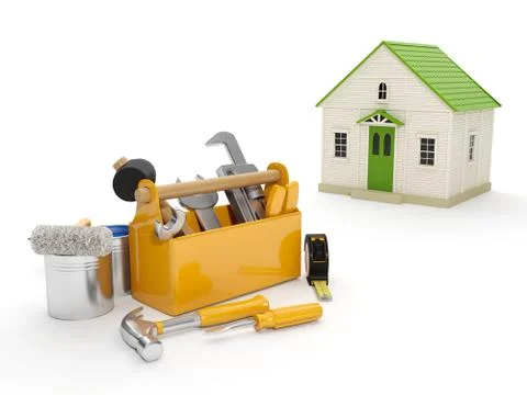 3d illustration: repair and construction of the house. tool box and a house i Stock Illustration