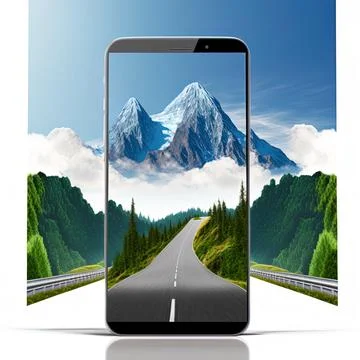 3d illustration of road coming out of smart phone with beautiful landscape view Stock Illustration
