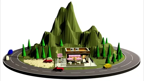 3d illustration of a roadside cafe, a coffee house on a mountain road. Stock Footage 130895604