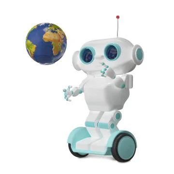 3D Illustration Robot with Globe on Scooter Stock Illustration