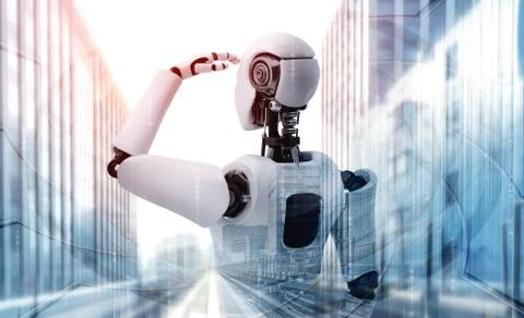 3D illustration robot humanoid looking forward against cityscape skyline イラスト素材