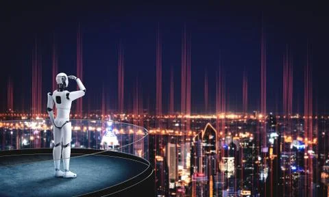 3D illustration robot humanoid looking forward against cityscape skyline イラスト素材