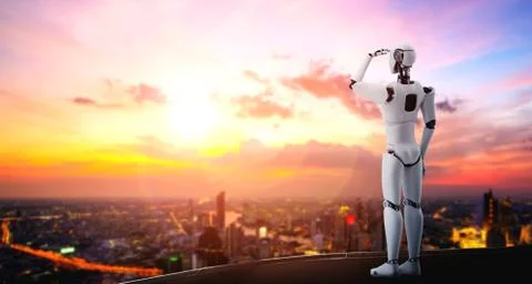 3D illustration robot humanoid looking forward against cityscape skyline Illustrazione stock