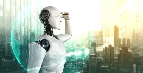 3D illustration robot humanoid looking forward against cityscape skyline イラスト素材