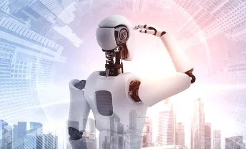 3D illustration robot humanoid looking forward against cityscape skyline イラスト素材