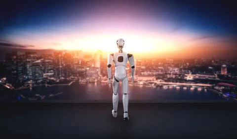 3D illustration robot humanoid looking forward against cityscape skyline Illustrazione stock