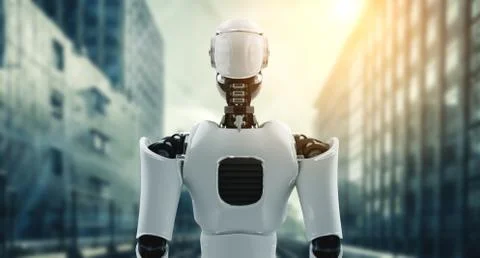3D illustration robot humanoid looking forward against cityscape skyline Illustrazione stock
