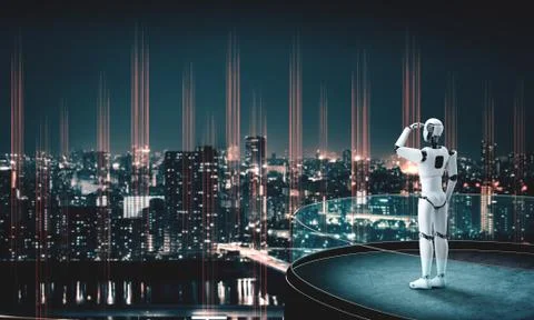 3D illustration robot humanoid looking forward against cityscape skyline Illustrazione stock