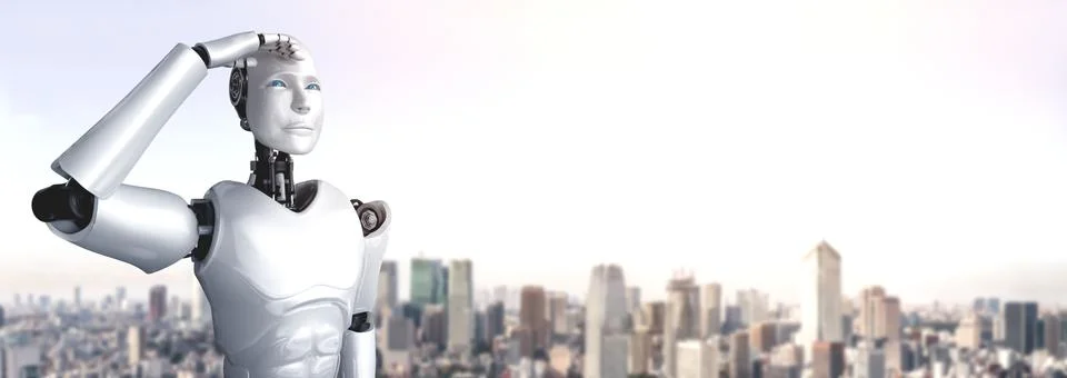 3D illustration robot humanoid looking forward against cityscape skyline イラスト素材