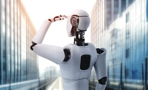 3D illustration robot humanoid looking forward against cityscape skyline Illustrazione stock