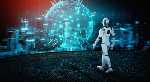 3D illustration robot humanoid looking forward against cityscape skyline Illustrazione stock