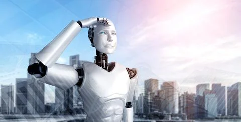 3D illustration robot humanoid looking forward against cityscape skyline Illustrazione stock