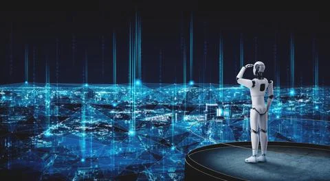 3D illustration robot humanoid looking forward against cityscape skyline Illustrazione stock