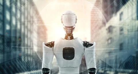 3D illustration robot humanoid looking forward against cityscape skyline Illustrazione stock
