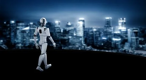 3D illustration robot humanoid looking forward against cityscape skyline Illustrazione stock