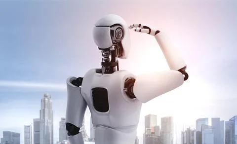 3D illustration robot humanoid looking forward against cityscape skyline Illustrazione stock