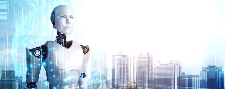 3D illustration robot humanoid looking forward against cityscape skyline Stock Illustration