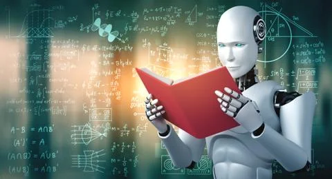 3D illustration of robot humanoid reading book and solving math 库存插图
