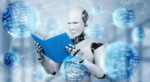 3D illustration of robot humanoid reading book Stock Illustration