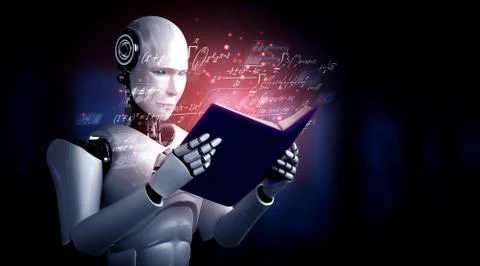 3D illustration of robot humanoid reading book and solving math Stockillustratie