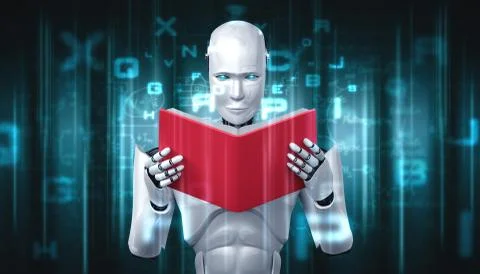 3D illustration of robot humanoid reading book Illustrazione stock