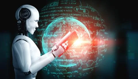 3D illustration of robot humanoid reading book and solving math 库存插图