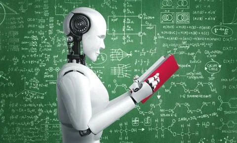 3D illustration of robot humanoid reading book and solving math 스톡 일러스트