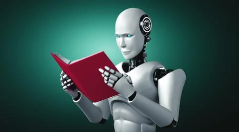 3D illustration of robot humanoid reading book Stock Illustration