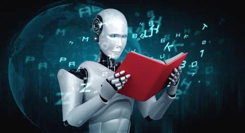 3D illustration of robot humanoid reading book Stockillustratie
