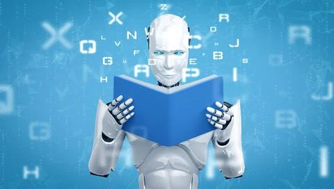 3D illustration of robot humanoid reading book Stockillustratie