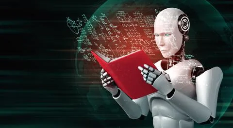 3D illustration of robot humanoid reading book and solving math イラスト素材