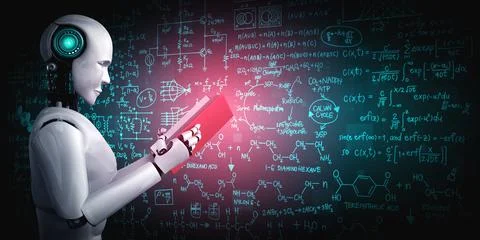 3D illustration of robot humanoid reading book and solving math 库存插图