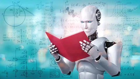 3D illustration of robot humanoid reading book and solving math 스톡 일러스트