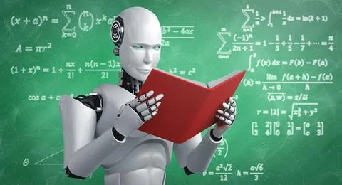 3D illustration of robot humanoid reading book and solving math 库存插图